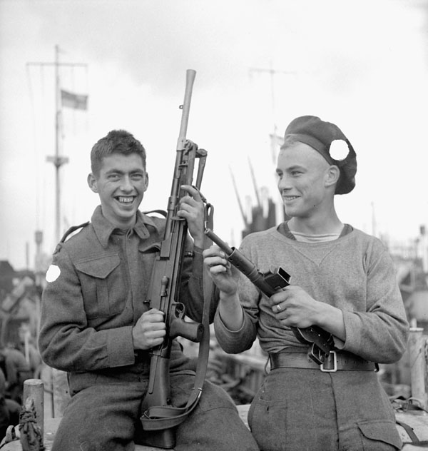 Infantrymen of the 9th Canadian Infantry Brigade aboard an LCI in Southampton, England.