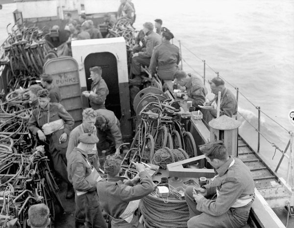 Infantrymen of The Highland Light Infantry of Canada aboard LCI 306 en route to France on D-Day.
