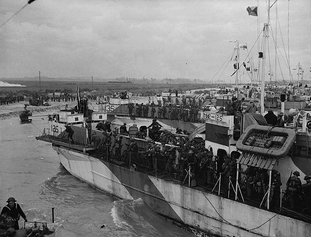 Canadian soldiers from LCI 125 and 135 going ashore on D-Day.