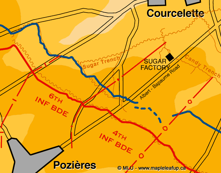 Active map © Maple Leaf Up showing the advance of the six Mark I tanks in the Battle of Courcelette.