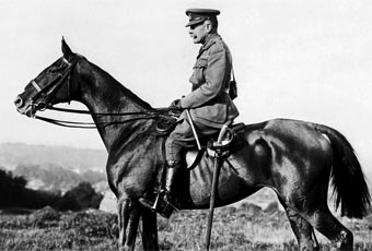 A formal portrait of Field Marshal Sir Douglas Haig on horseback at Poperinghe, 12 September 1917.
